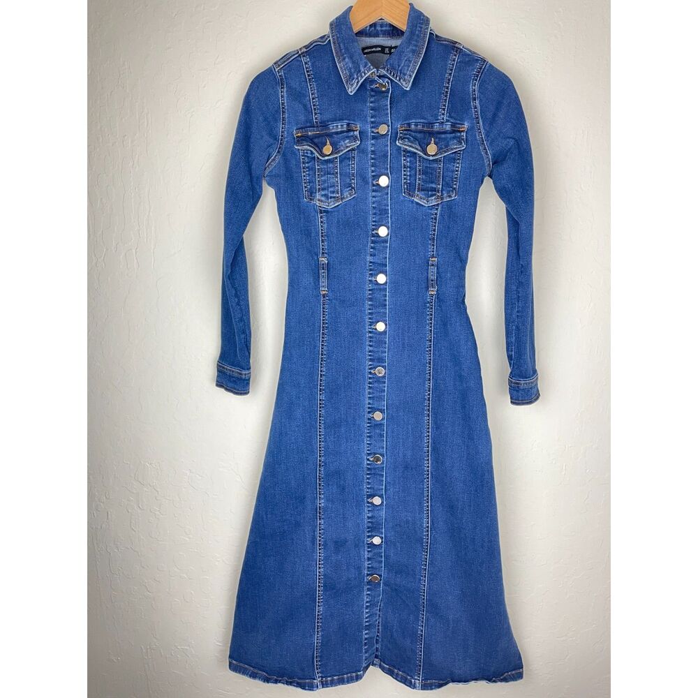 ~ Karen Millen Dress 2 Denim Stretch Midi Button Up Blue Maxi Boho Long Sleeve - Picture 10 of 16